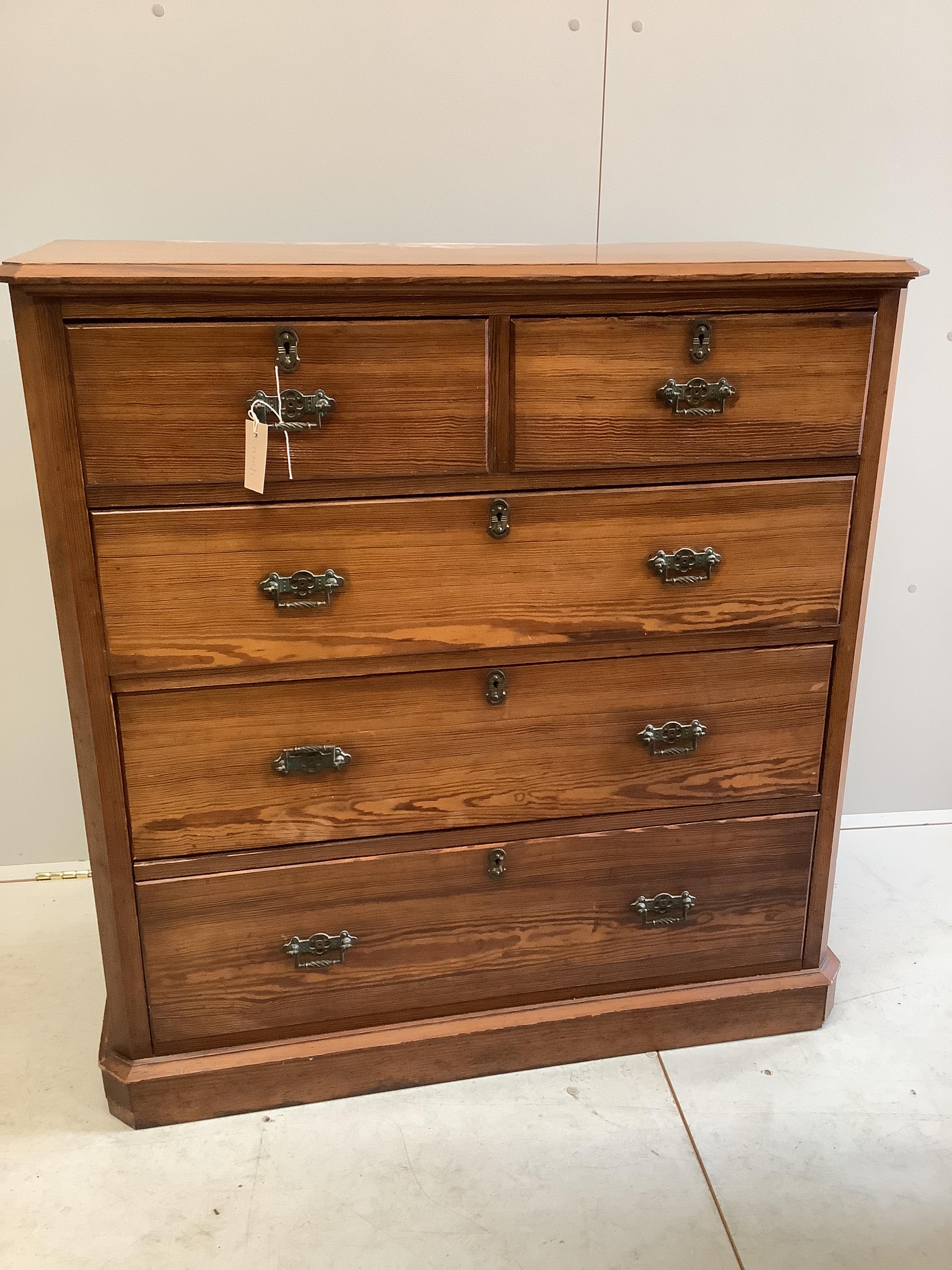 A late Victorian pitch pine chest of five drawers, width 101cm, depth 48cm, height 104cm